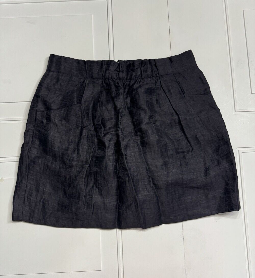 J Crew Womens Sz 0 Black Linen Blend Mini Skirt Back Zip Pockets Pleated Waist